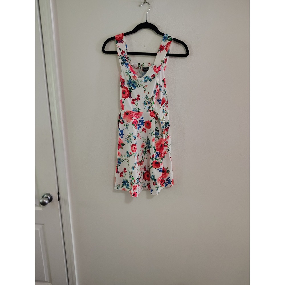 French Atmosphere Womens Floral Skater Dress‎ White Pink Blue Mini Sleeveless L
